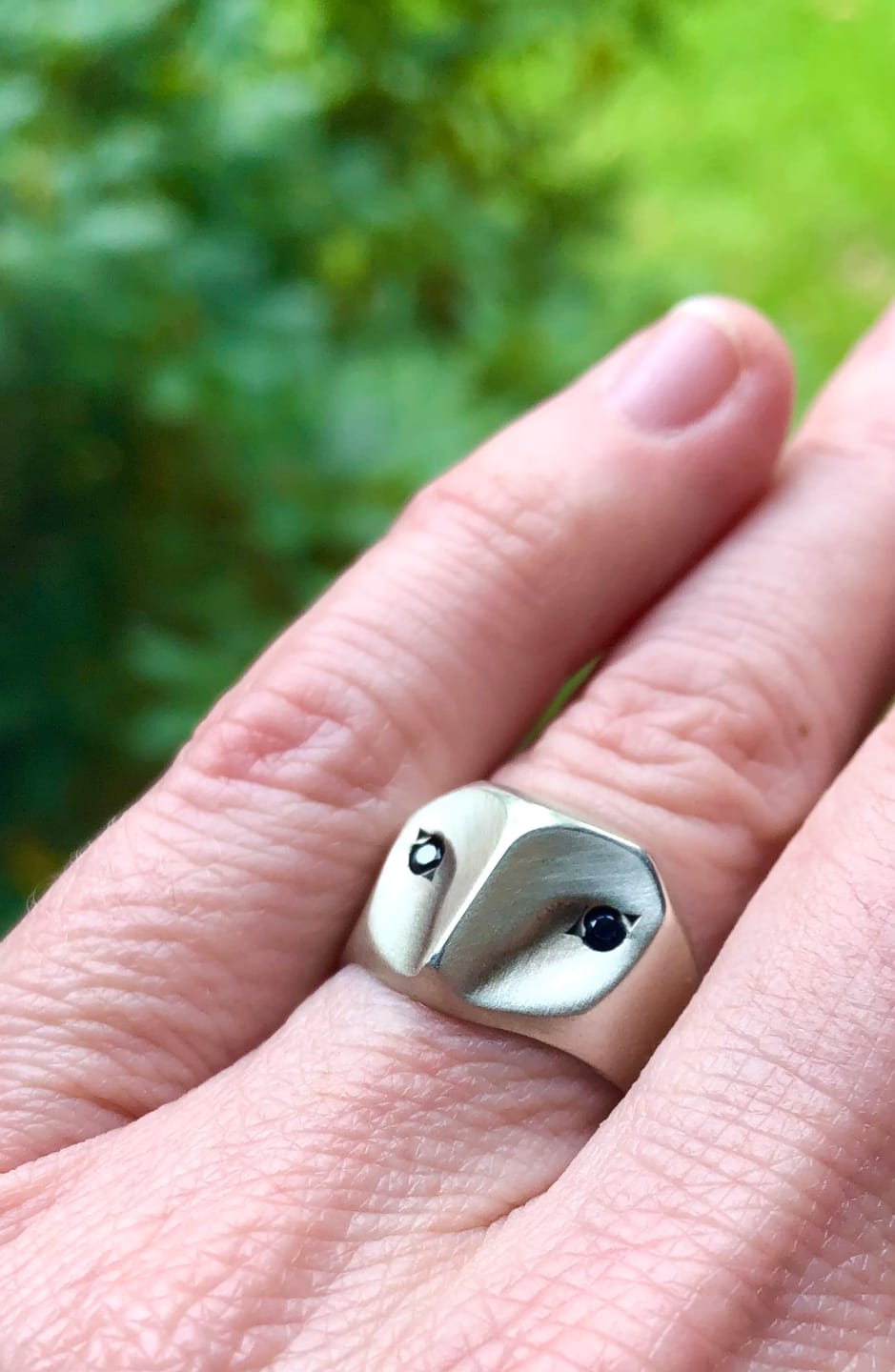 Customer photo review of Owl Ring with Sapphire Eyes