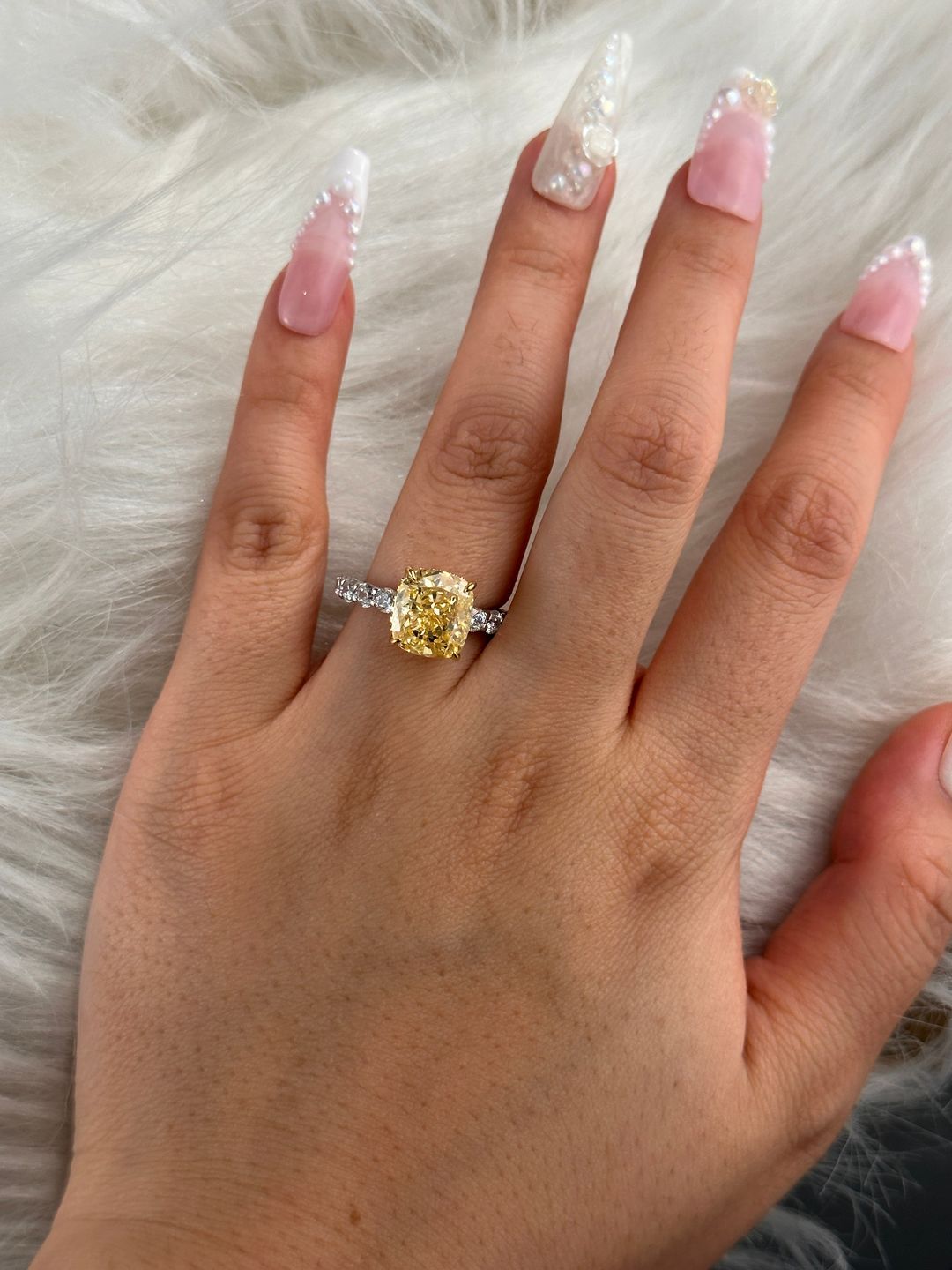 Customer photo review of Louily Stunning Two-tone Cushion Cut Yellow Sapphire Engagement Ring