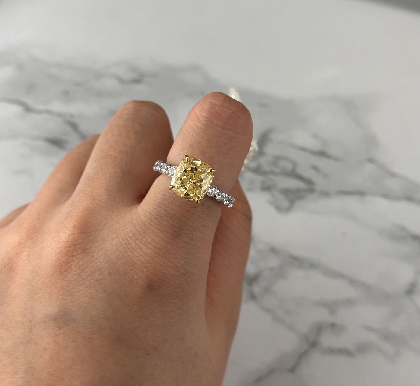 Customer photo review of Louily Stunning Two-tone Cushion Cut Yellow Sapphire Engagement Ring
