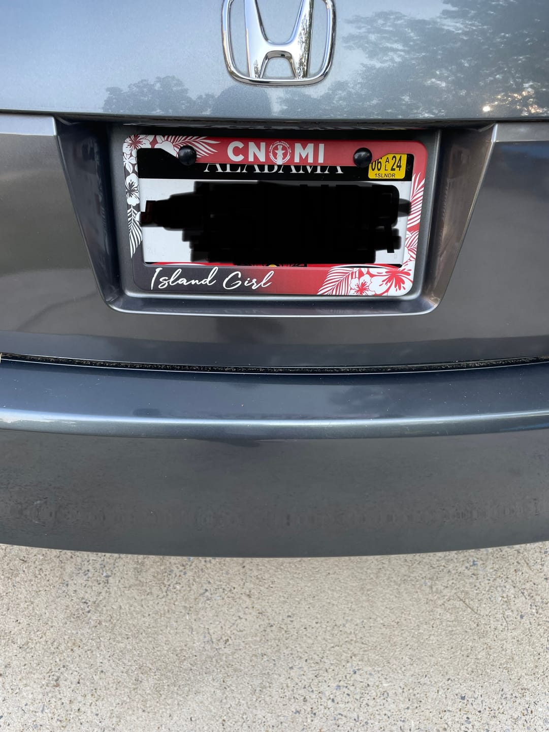 Customer photo review of CNMI Tropical Hibiscus Red Aluminum License Plate Frame