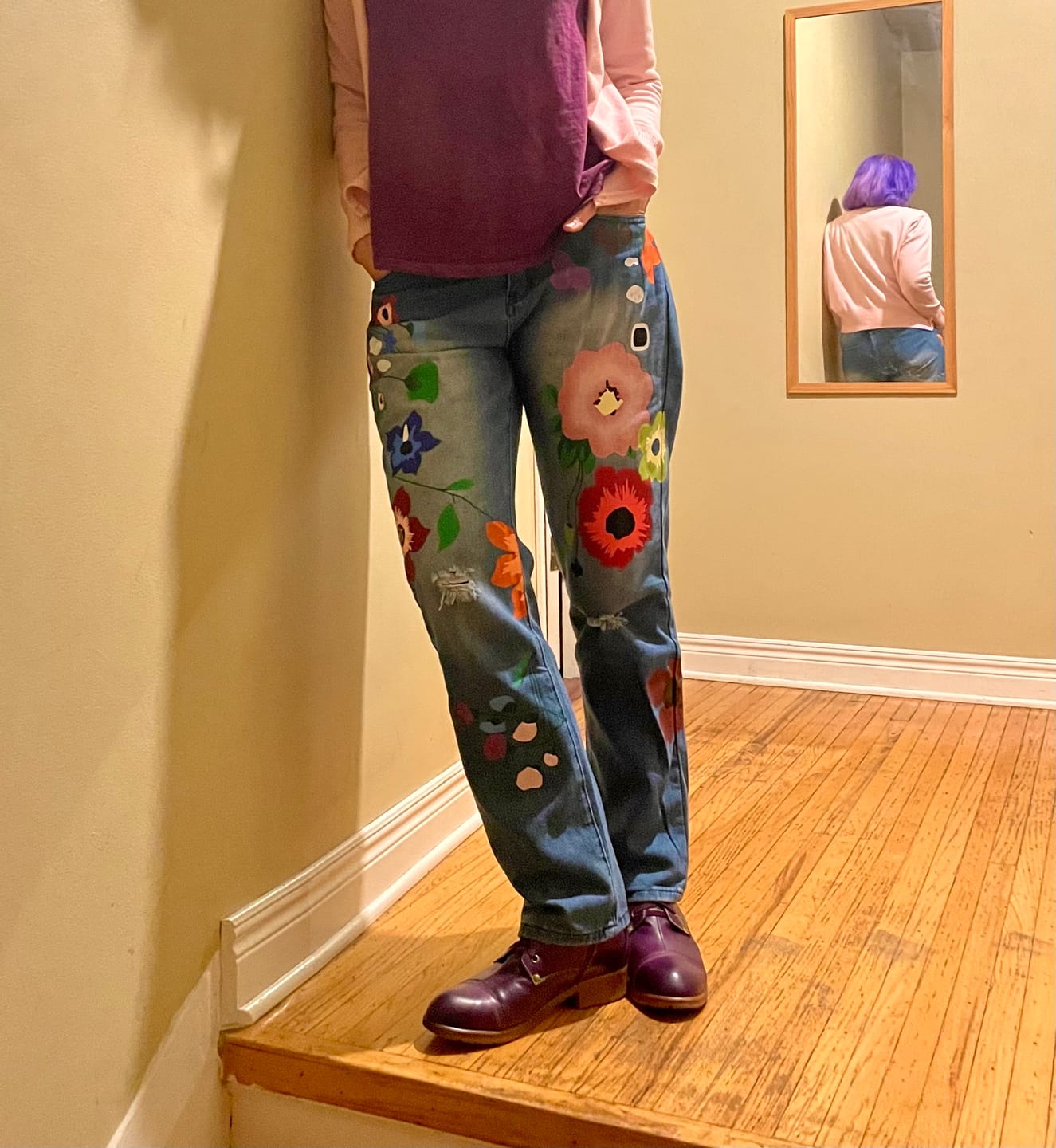 Customer photo review of Denim Floral Casual Pants