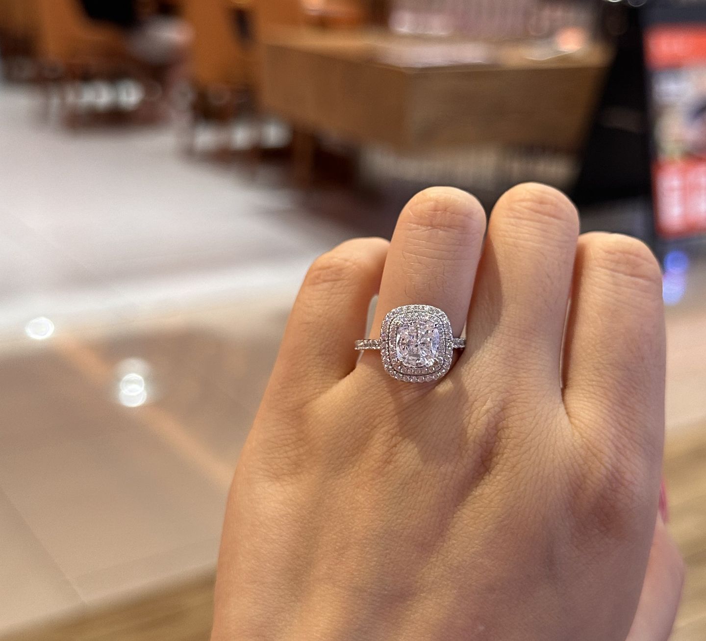 Customer photo review of Louily 2.0 Carat Double Halo Cushion Cut Engagement Ring In Sterling Silver