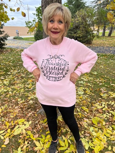 Customer photo review of Thankful Grateful Blessed Retired Sweatshirt Pink Edition