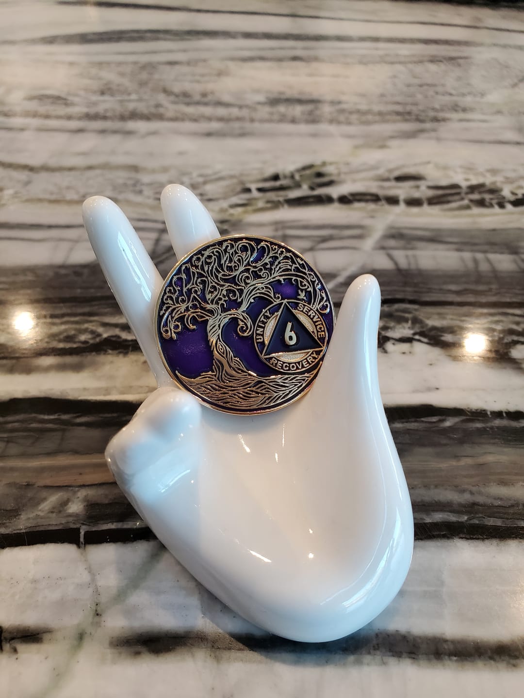Customer photo review of 6 Year Sobriety Mint Twisted Tree of Life Gold Plated AA Recovery Medallion - Six Year Chip/Coin - Purple