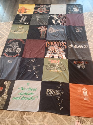 T-shirt quilt with motorcycles, sailing themes by Nancy from IA