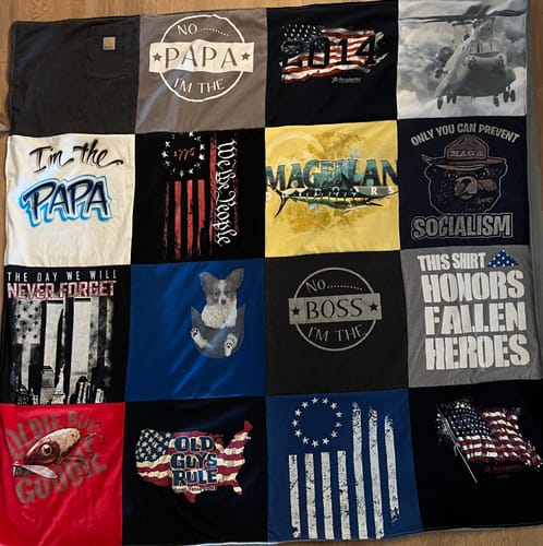 T-shirt quilt with patriotism, family themes by Jeannie from AR