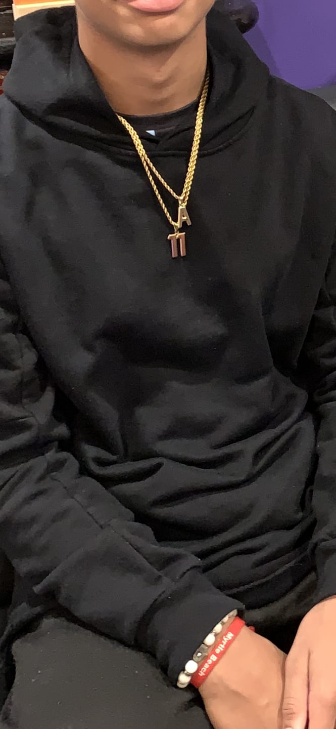 Customer photo review of Varsity Initial Pendant (Gold)