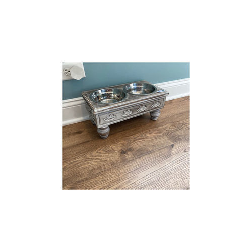 Customer photo review of Sassy Paws Raised Wooden Pet Double Diner with Stainless Steel Bowls