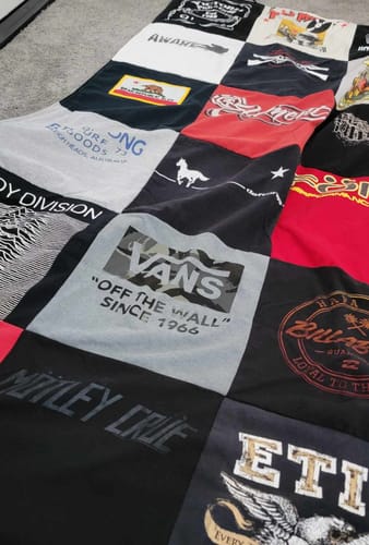T-shirt quilt with music, skateboarding themes by Ron from CA