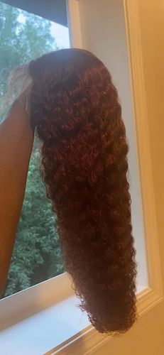 Customer photo review of Reddish Brown Color Curly Auburn Hair 13x4 Transparent Lace Front Wig