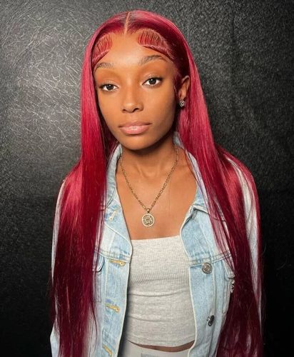 Customer photo review of Vibrant Burgundy Lustrous Silky Straight Lace Frontal Wig