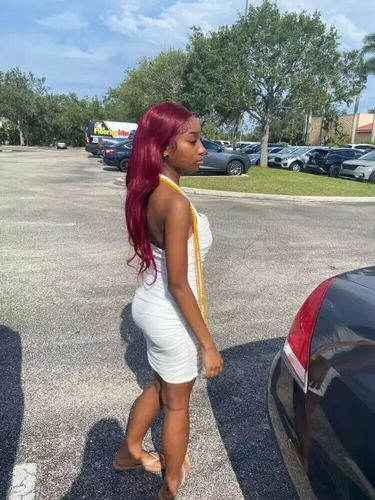 Customer photo review of Vibrant Burgundy Lustrous Silky Straight Lace Frontal Wig