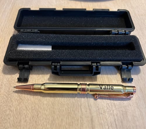 Customer photo review of .308 Real Bullet Casing Refillable Twist Pen - Tactical Gift Box - Polished Brass