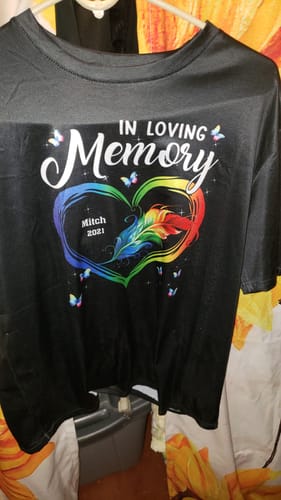 Customer photo review of In Loving Memory Heart Feather Butterfly Memorial Custom Gift T-shirt