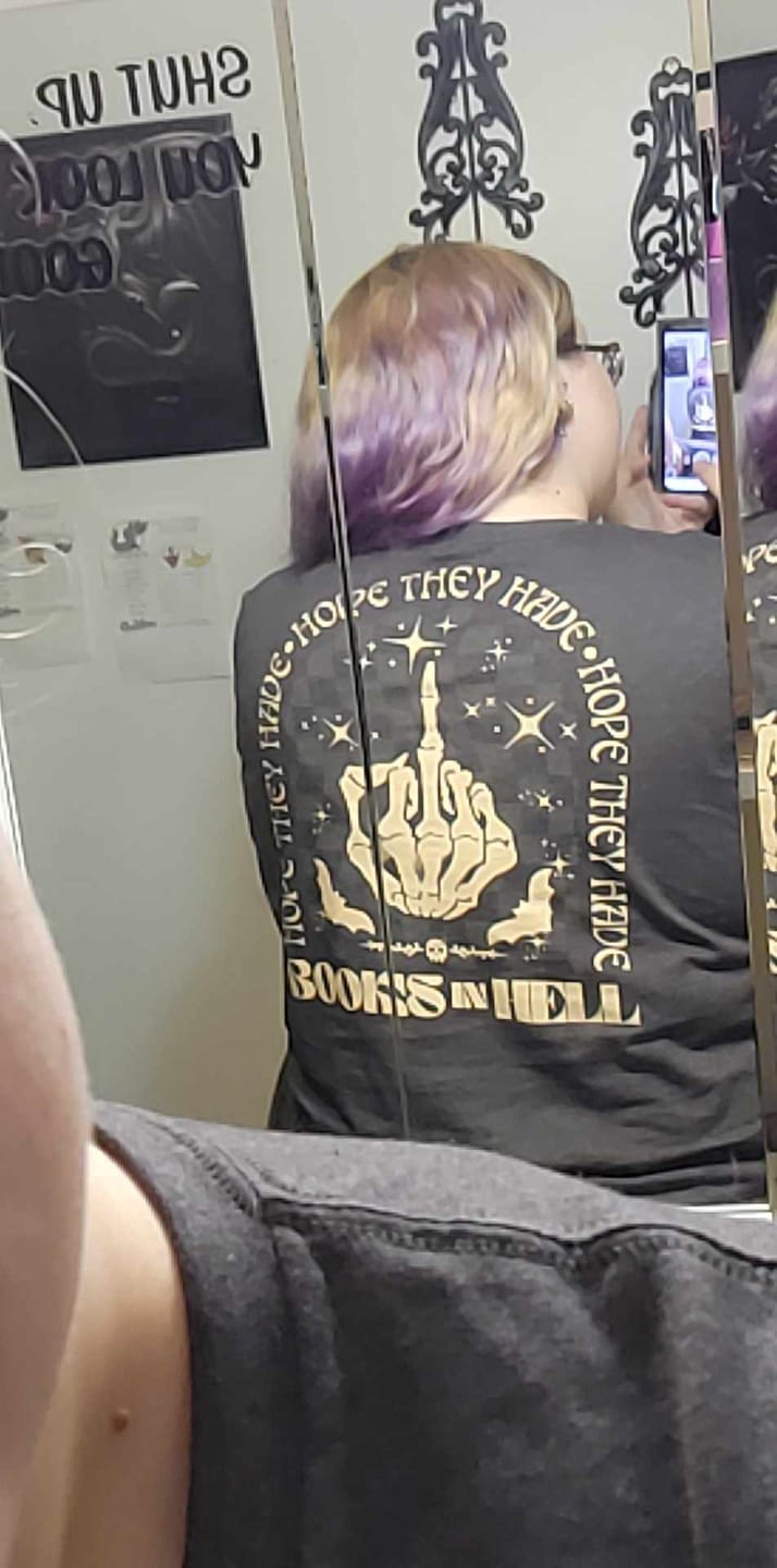 Customer photo review of hope they have books in hell t-shirt