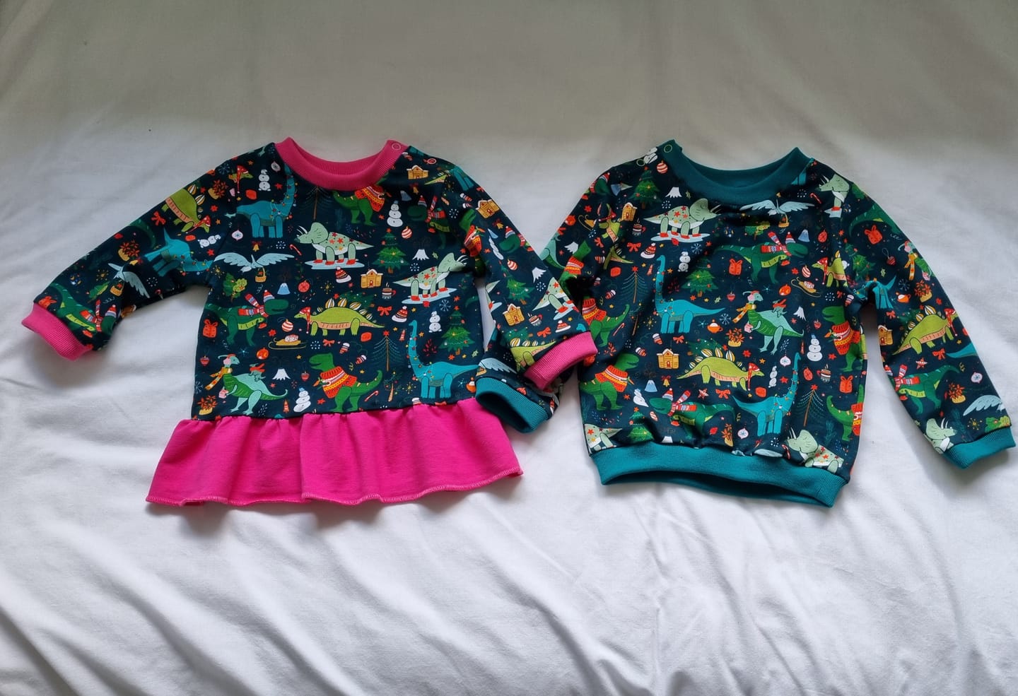 Customer photo review of Christmas Dinosaurs on Dark Teal French Terry Fabric
