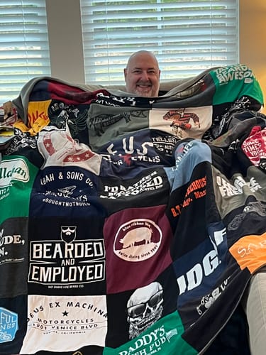 T-shirt quilt with motorcycles, doughnuts themes by Angie from NC