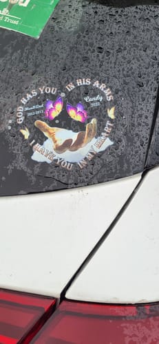 Customer photo review of Memorial Gift Butterfly, God Has You In His Arms, I Have You In My Heart Personalized Decal