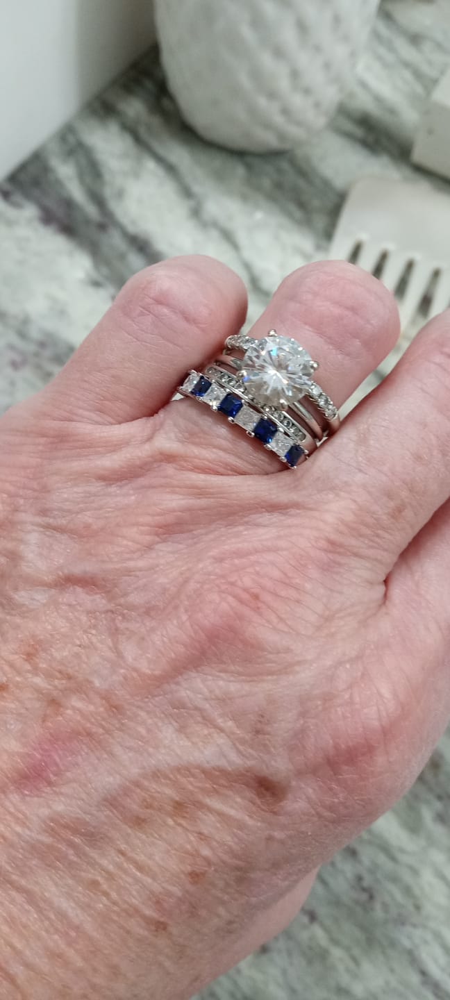 Customer photo review of Alternating Princess Moissanite And Sapphire Half Eternity Wedding Band Ring
