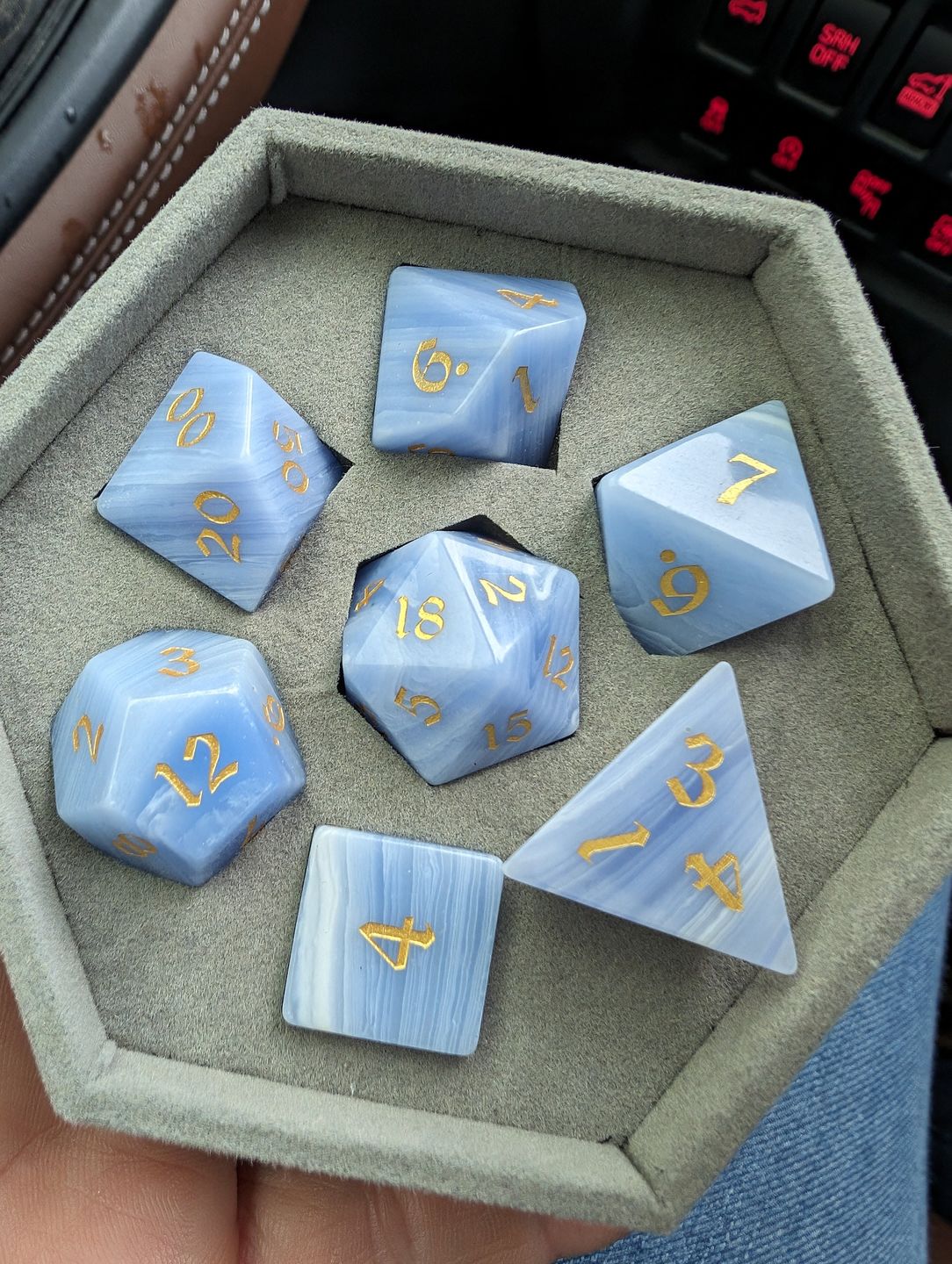 Customer photo review of Hand Carved  Gemstone Blue Lace Agate Eye Stone (And Box) Polyhedral Dice DnD Dice Set - Gift For Dnd, RPG Game DND MTG Game