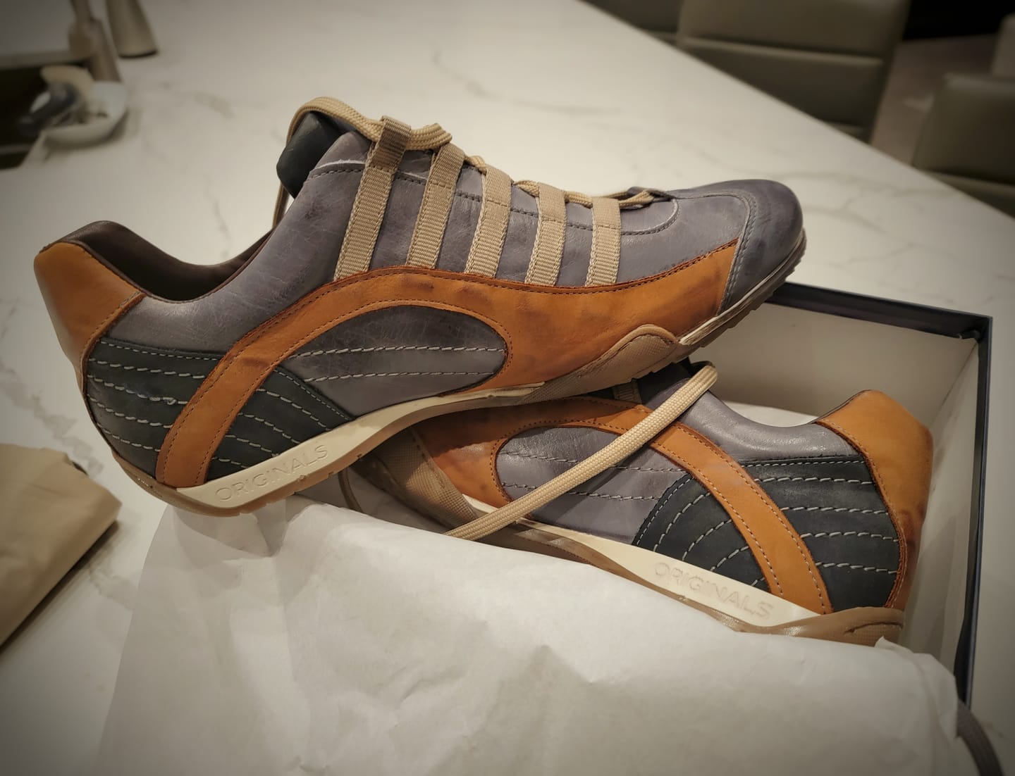 Customer photo review of Men's GrandPrix Sneaker in Beach Club (Faded Navy and Brown)