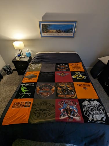 T-shirt quilt with motorcycles, riding themes by Edward from OH