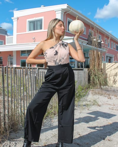 Customer photo review of 1930s One-shoulder Lace Butterfly Jumpsuit