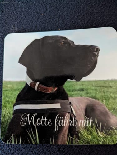 Customer photo review of wetterfester Aufkleber mit Foto & Wunschtext (Quadrat)