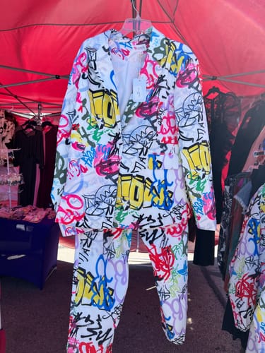 Customer photo review of PLUS SIZE LONG SLEEVE BLAZER & PANTS MULTI PRINT SET