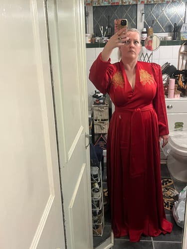 Customer photo review of PRE-ORDER - BRAM STOKER'S DRACULA Embroidered Order of the Dragon Wrap Dress in Scarlet Red