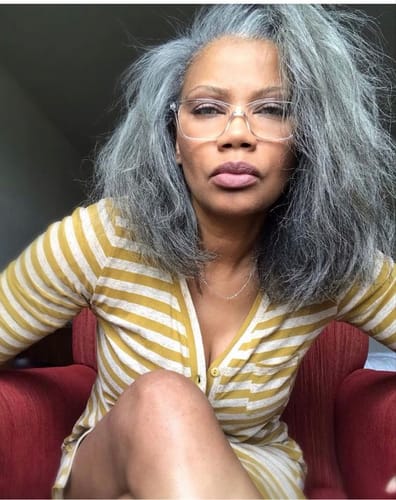 Customer photo review of Luvwin 5x5 Salt And Pepper Glueless Gray Color Pre-Cut Lace Straight Bob Wig For Black Women
