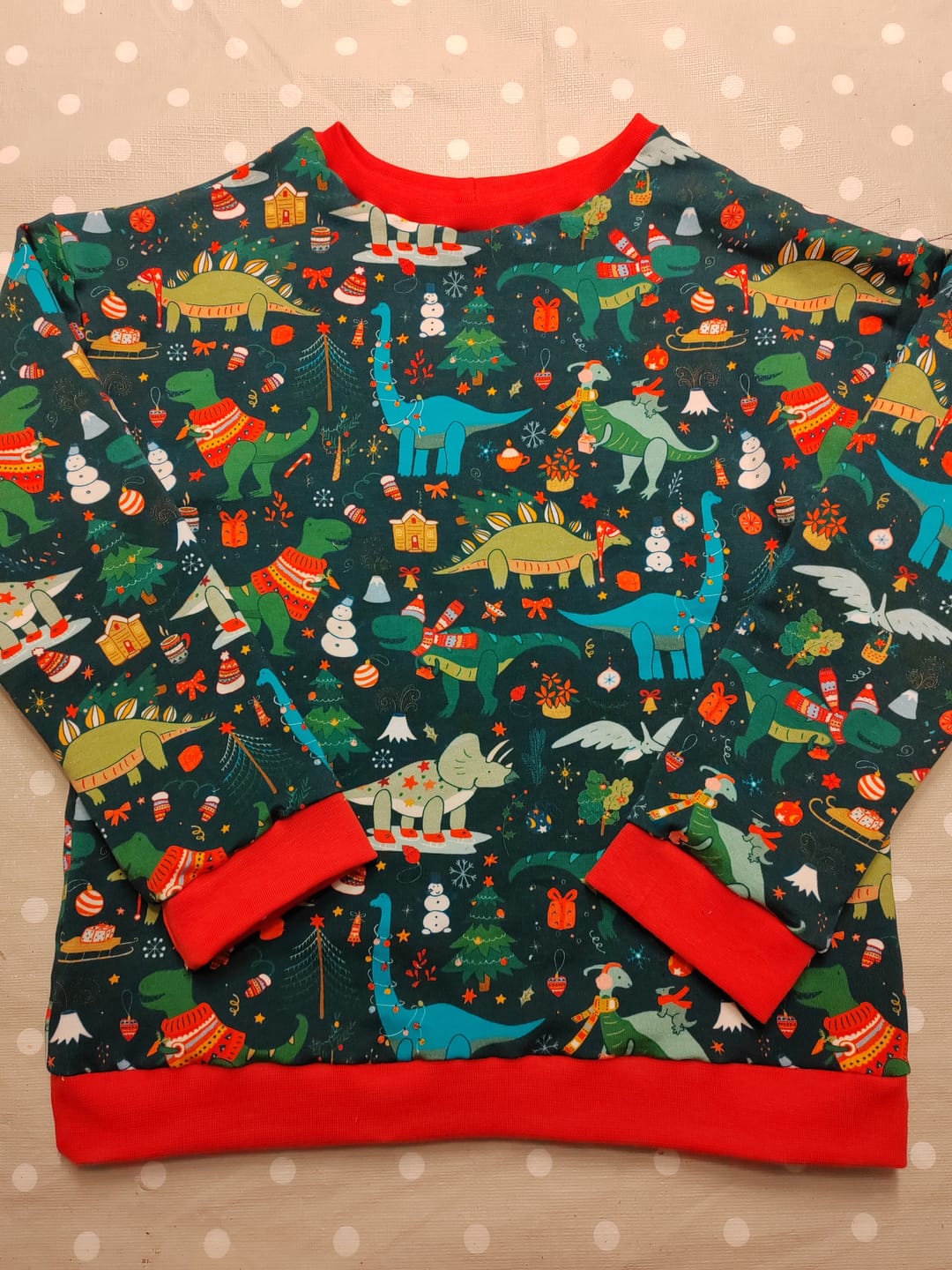 Customer photo review of Christmas Dinosaurs on Dark Teal French Terry Fabric