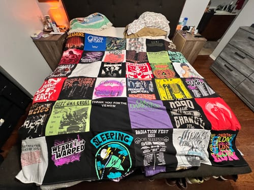 T-shirt quilt with music festivals, rock music themes by Gina from TX