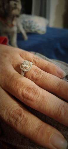 Customer photo review of Two Tone Halo Cushion Moissanite Split Shank Pave Engagement Ring