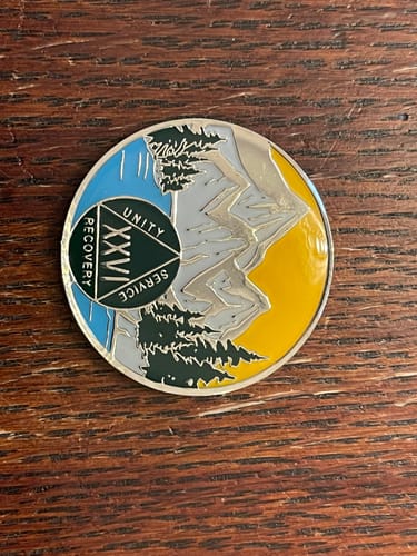 Customer photo review of 1 to 60 Year Mountain Scene Specialty AA Recovery Medallion - Tri-Plated Chip/Coin/Token