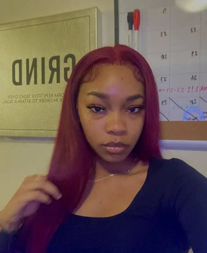 Customer photo review of Vibrant Burgundy Lustrous Silky Straight Lace Frontal Wig