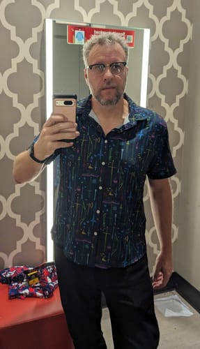 Customer photo review of Fantasy RPG Weapons Items Navy Dnd Button Up Shirt