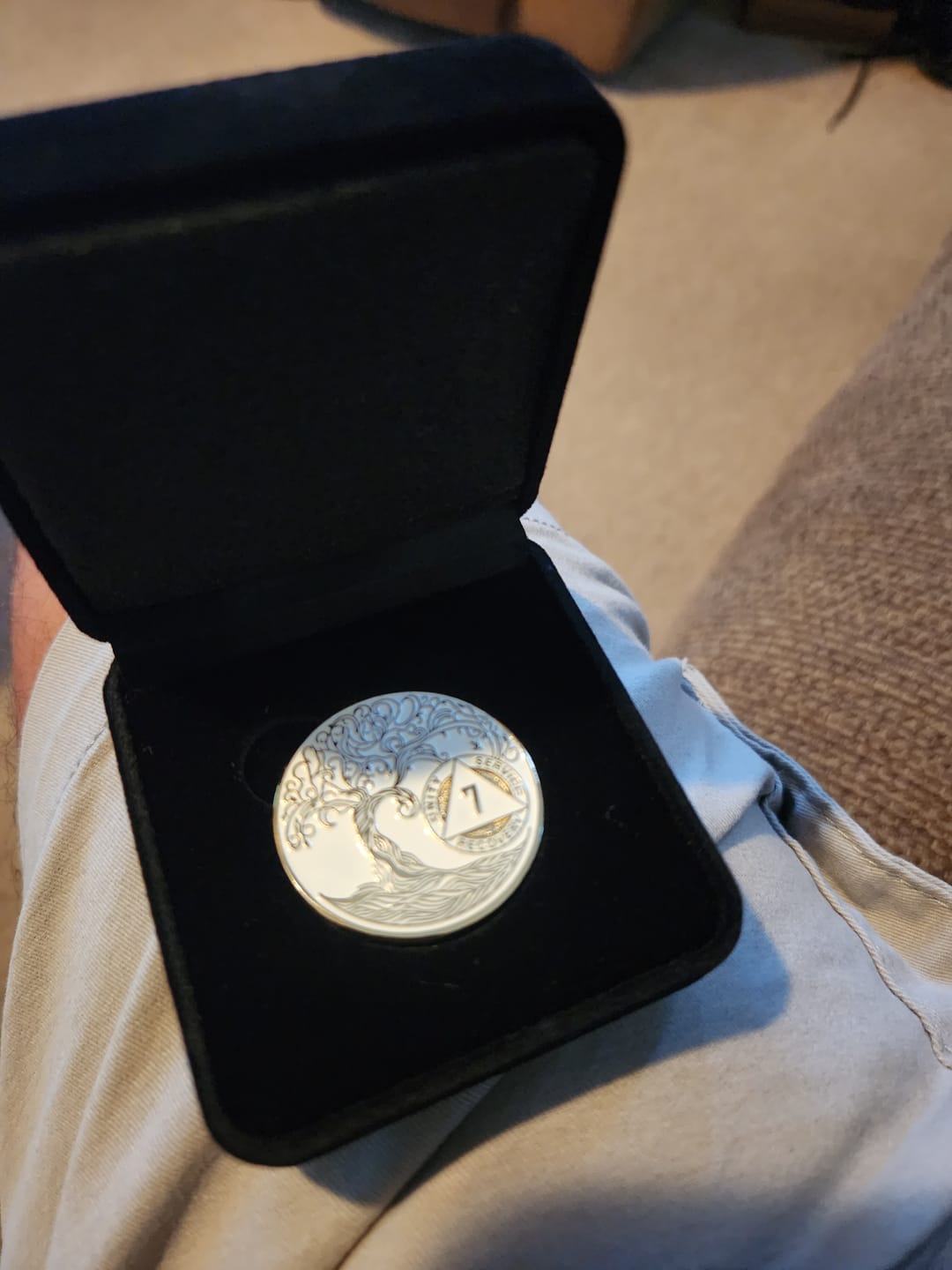 Customer photo review of 1 to 50 Year Sobriety Mint Twisted Tree of Life Gold Plated AA Recovery Medallion/Chip/Coin - White