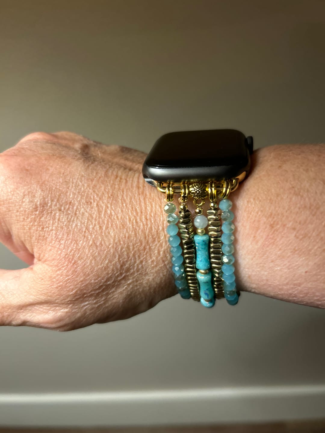 Customer photo review of Jade Glimmer Stretch Apple Watch Strap