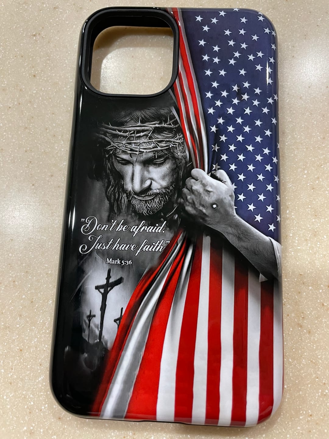 Customer photo review of Don't be afraid Just have faith Mark 5:36 American flag Christian phone case