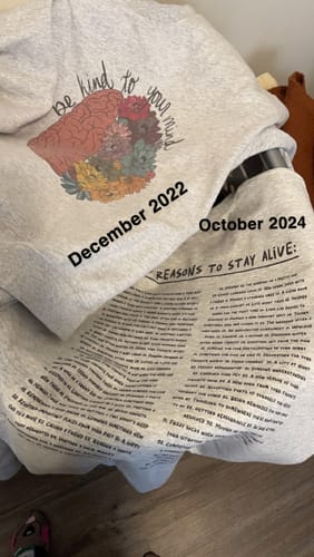 Customer photo review of Keep Going; 100 Reasons To Stay Alive (includes a back-print & sleeve-print!) - Sweatshirt