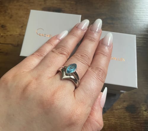 Customer photo review of Surf Moon Ring with Swiss Blue Topaz