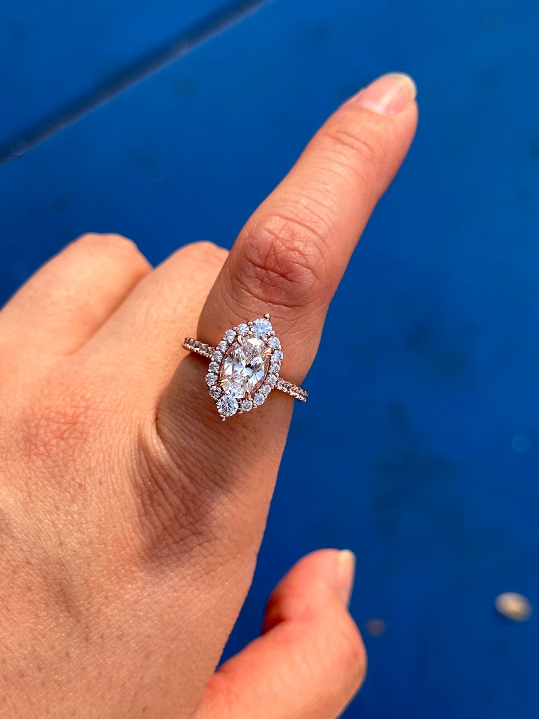 Customer photo review of Louily Unique Design Halo Oval Cut Simulated Diamond Engagement Ring In Sterling Silver