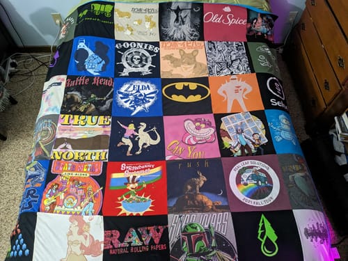 T-shirt quilt with nostalgia, gaming themes by chelsea from MI