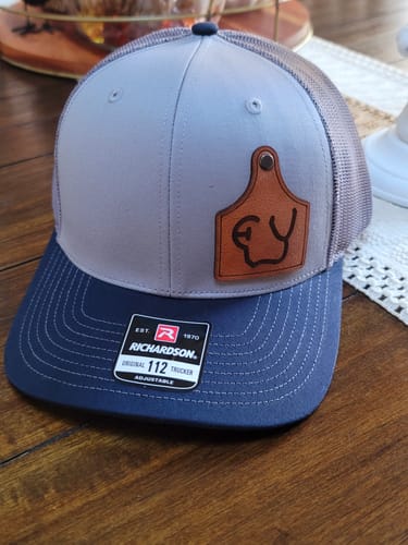 Customer photo review of Ear Tag Custom Leather Patch Trucker Hat - Richardson 112