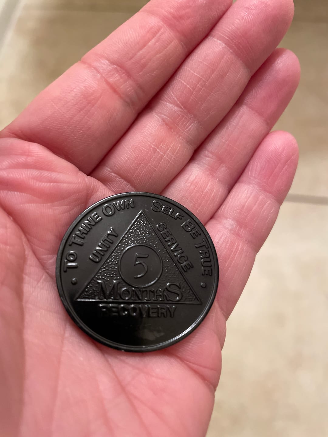 Customer photo review of Sobriety Mint Infinity Aluminum AA Meeting Newcomer Sobriety Chips/Coins/Tokens - 5 Months - Blue
