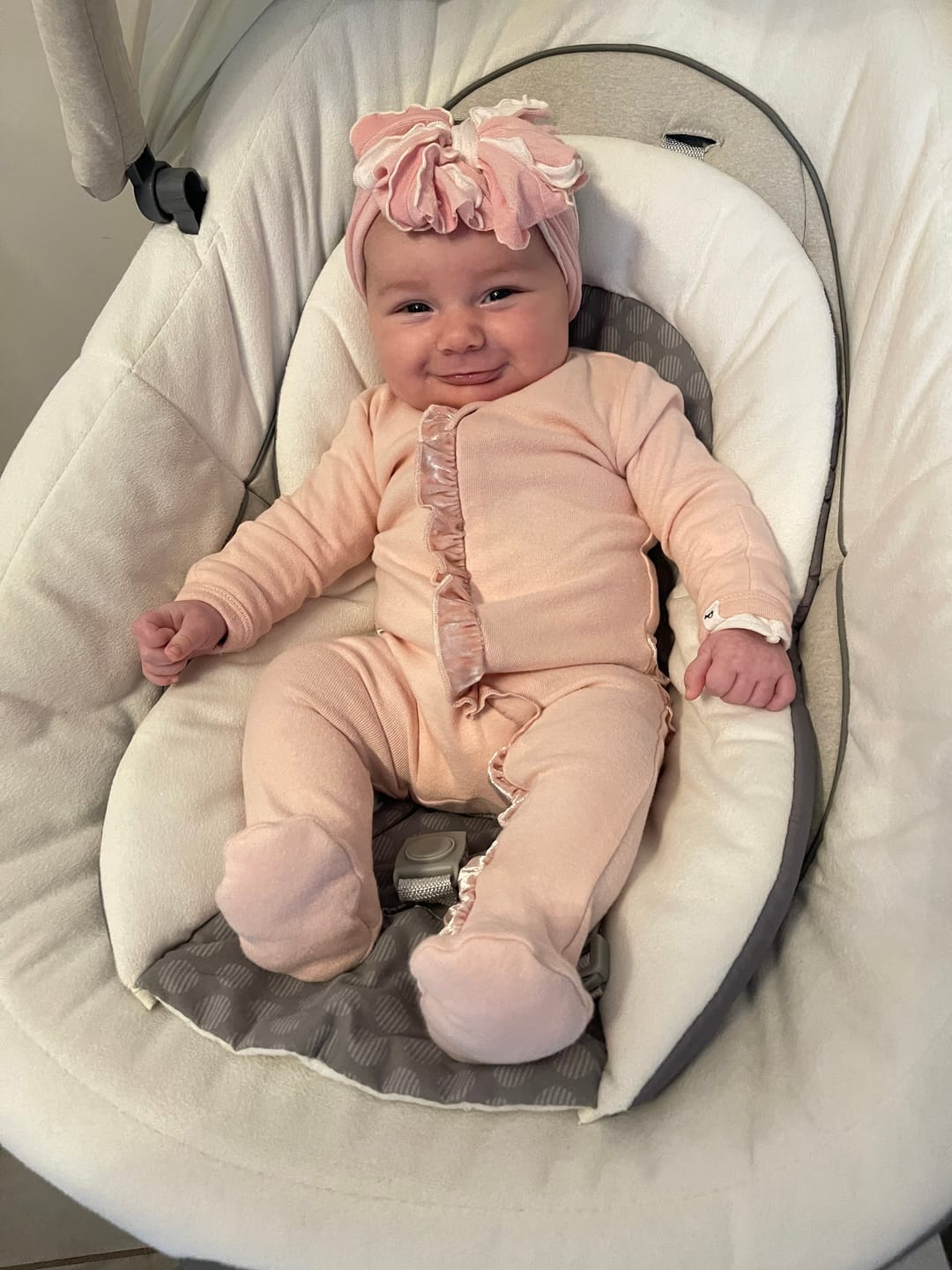 Customer photo review of Ruffled Headband- Tickled Pink Stripe