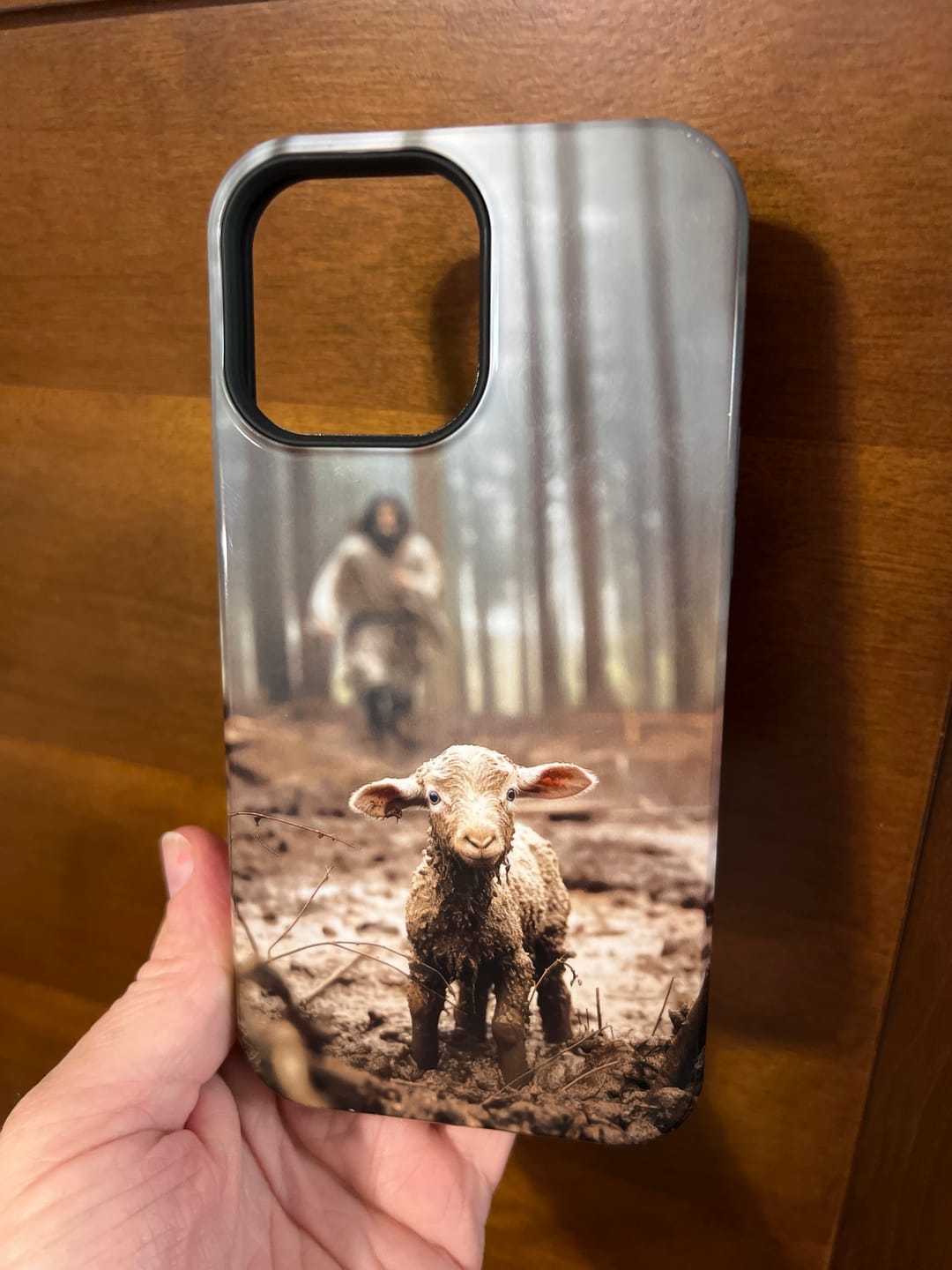 Customer photo review of Jesus With The Sheep, Jesus Running After Lamb, Phone Case