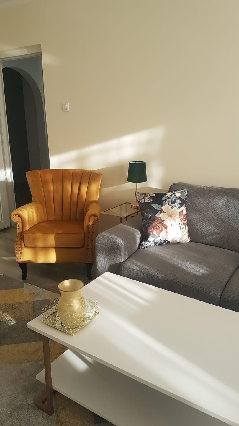 Customer photo review of Fotoliu TITAN, galben mustar/negru, stofa catifelata/lemn, 73x70x87 cm