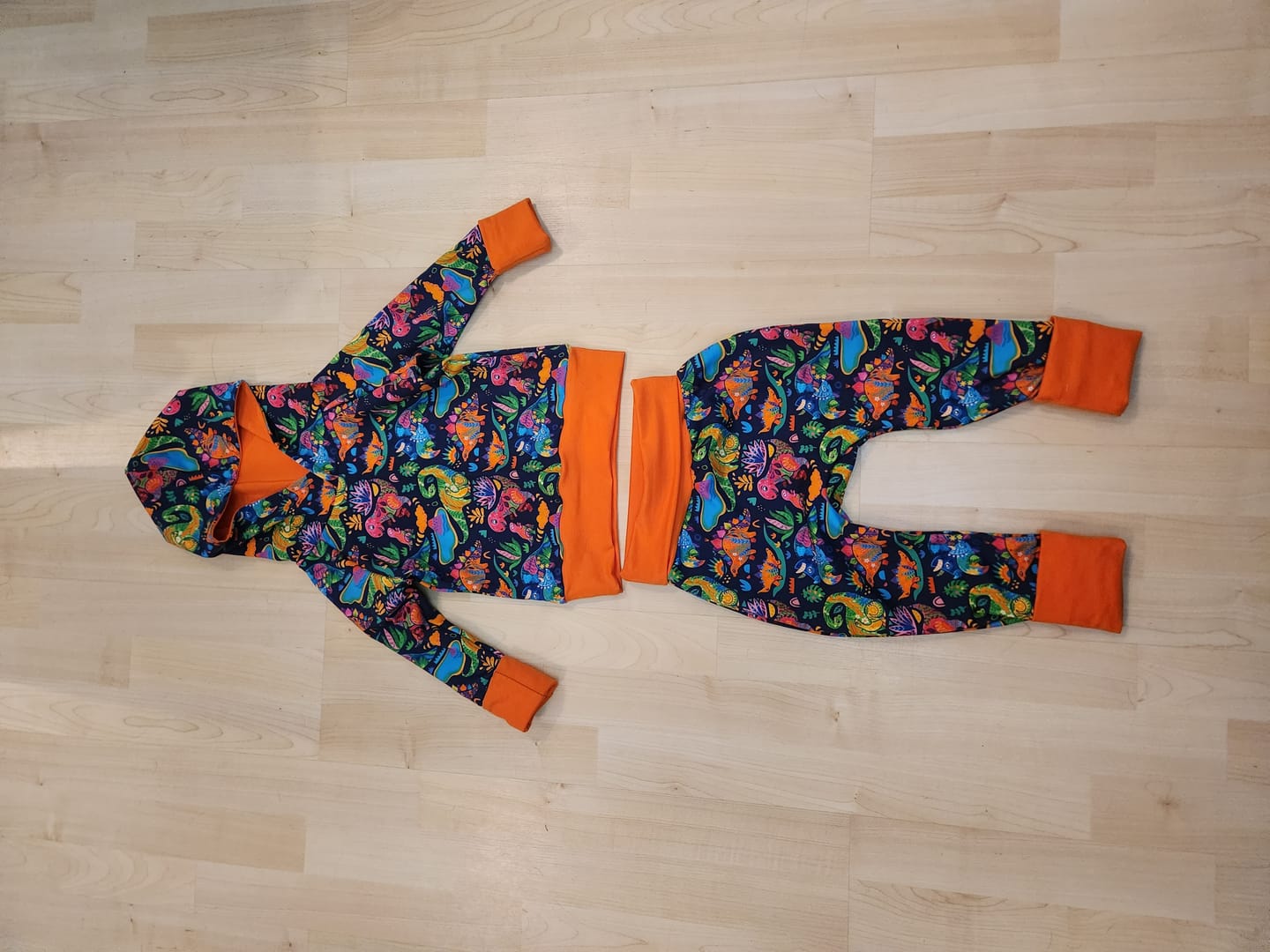 Customer photo review of Multicoloured Dinosaurs on Navy French Terry Fabric